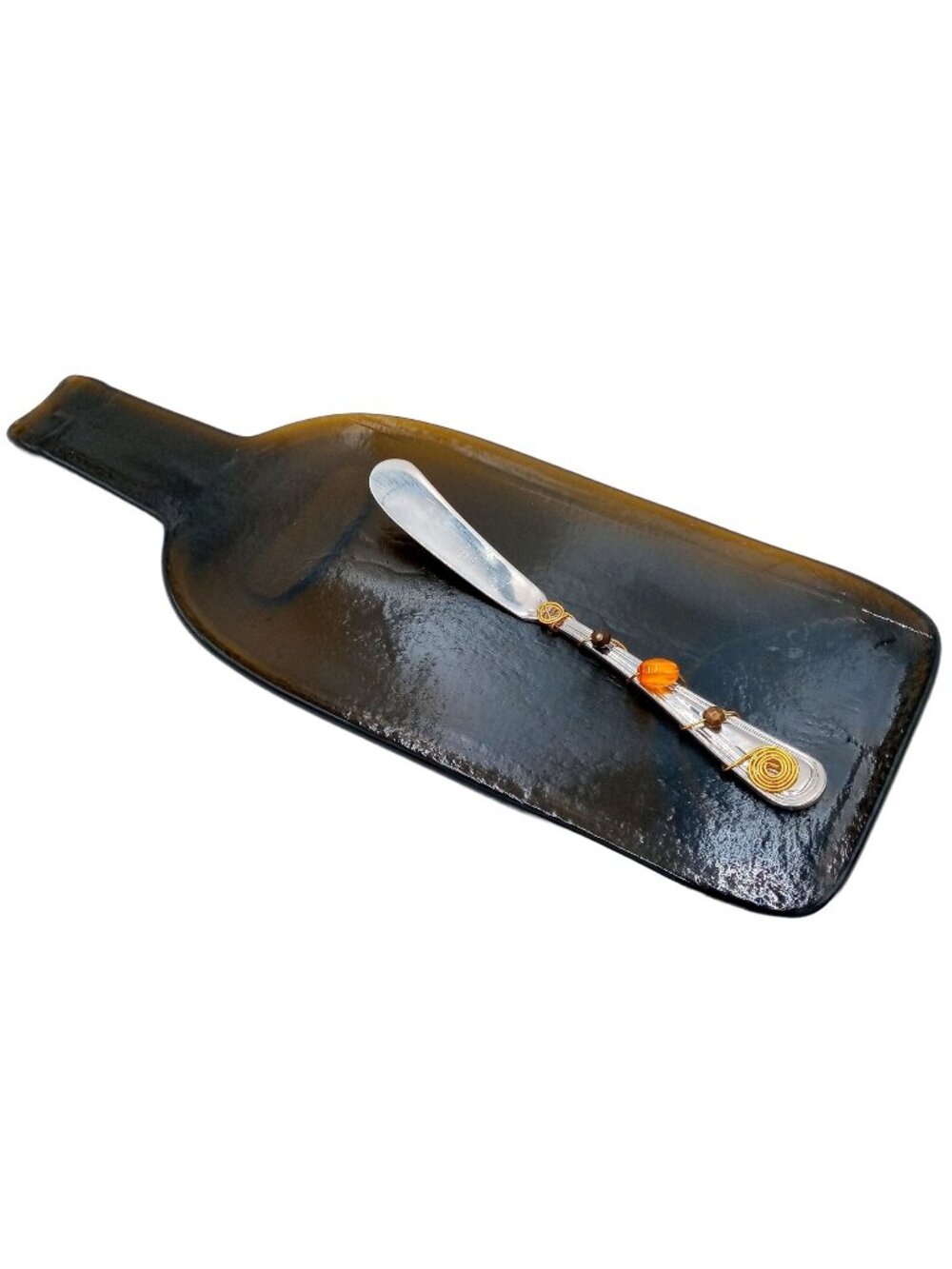 Wine Bottle Cheese Tray Server Beaded Spreader Knife Glass Art Party Tray